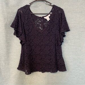 LOGG Black Flutter Sleeve Ruffled Lace Blouse Sheer Large V neck